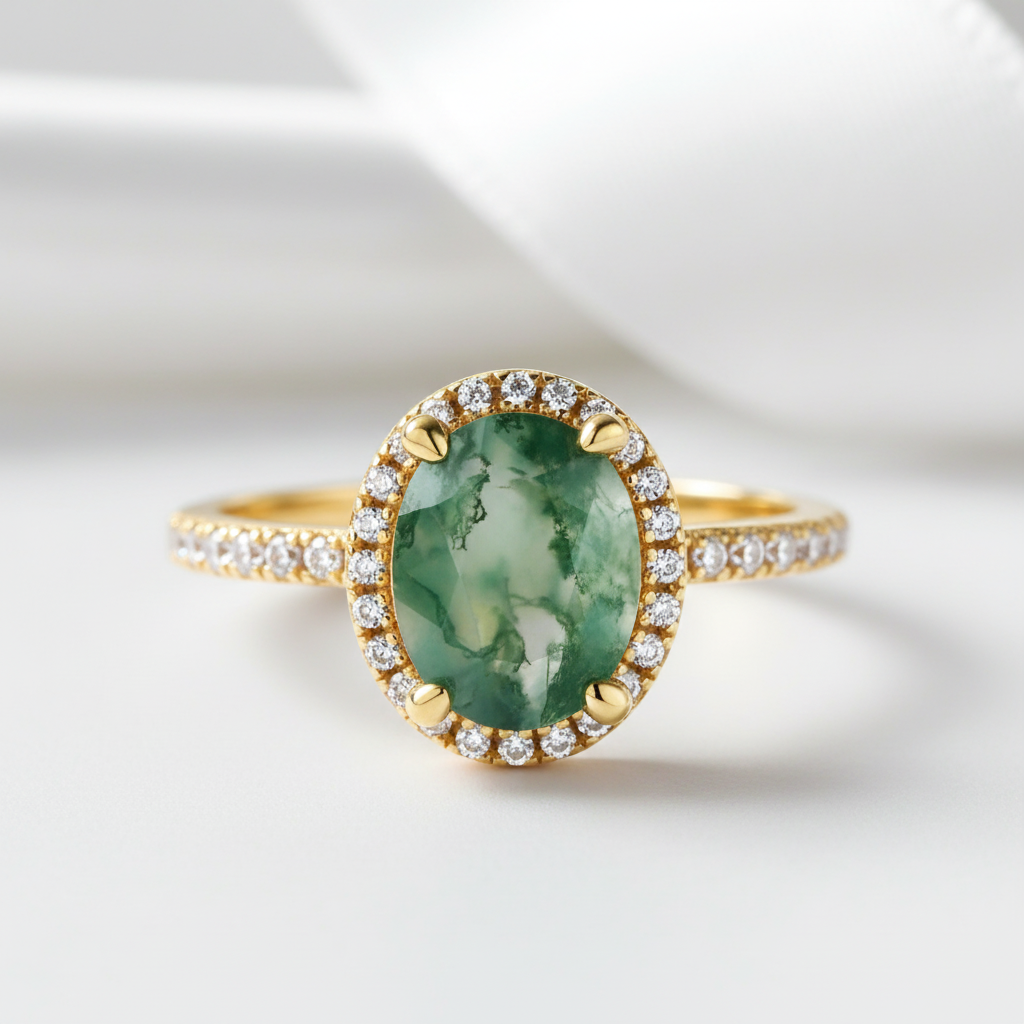 Natural 9*7mm Oval Green Moss Agate Engagement Ring-Black Diamonds New York