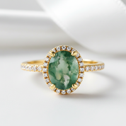 Natural 9*7mm Oval Green Moss Agate Engagement Ring-Black Diamonds New York