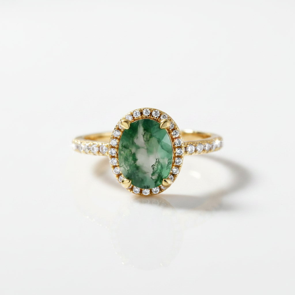 Natural 9*7mm Oval Green Moss Agate Engagement Ring-Black Diamonds New York