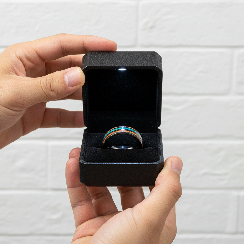 Natural Acacia Wood Opal Black Tungsten Men's Wedding Band-Black Diamonds New York