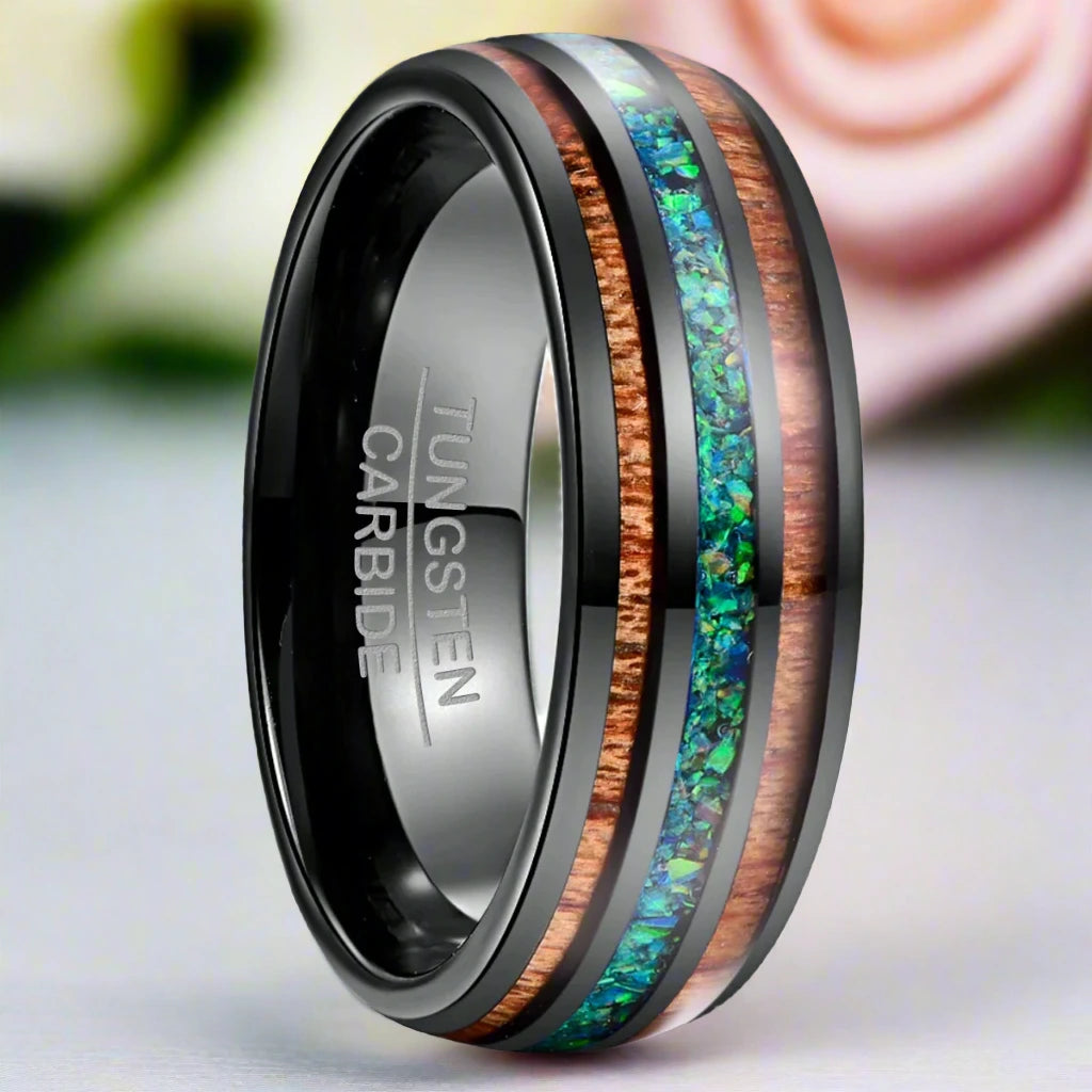 Natural Acacia Wood Opal Black Tungsten Men's Wedding Band-Black Diamonds New York