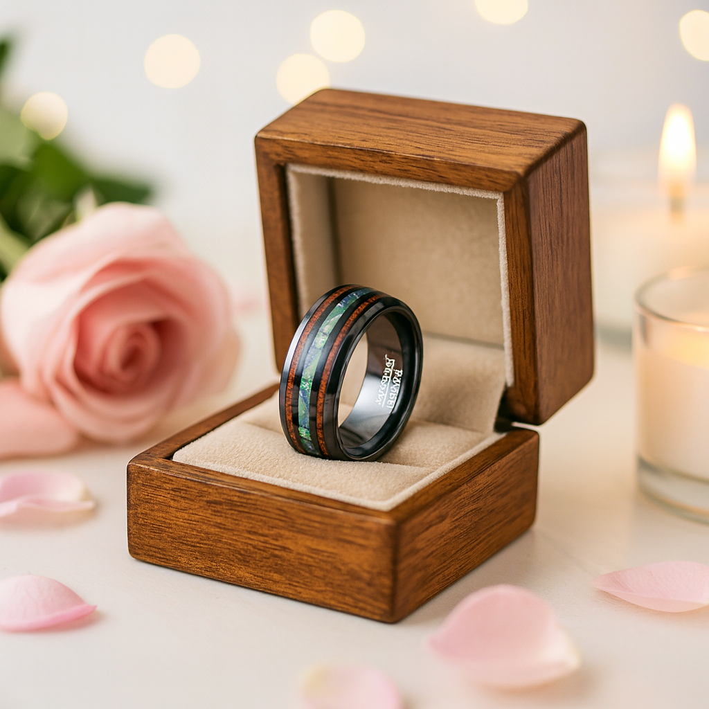 Natural Acacia Wood Opal Black Tungsten Men's Wedding Band – Black