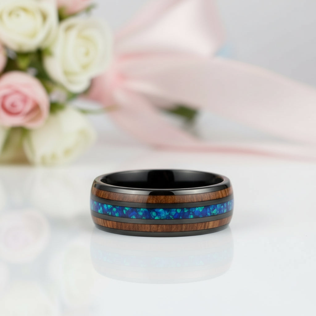 Natural Acacia Wood Opal Black Tungsten Men's Wedding Band-Black Diamonds New York
