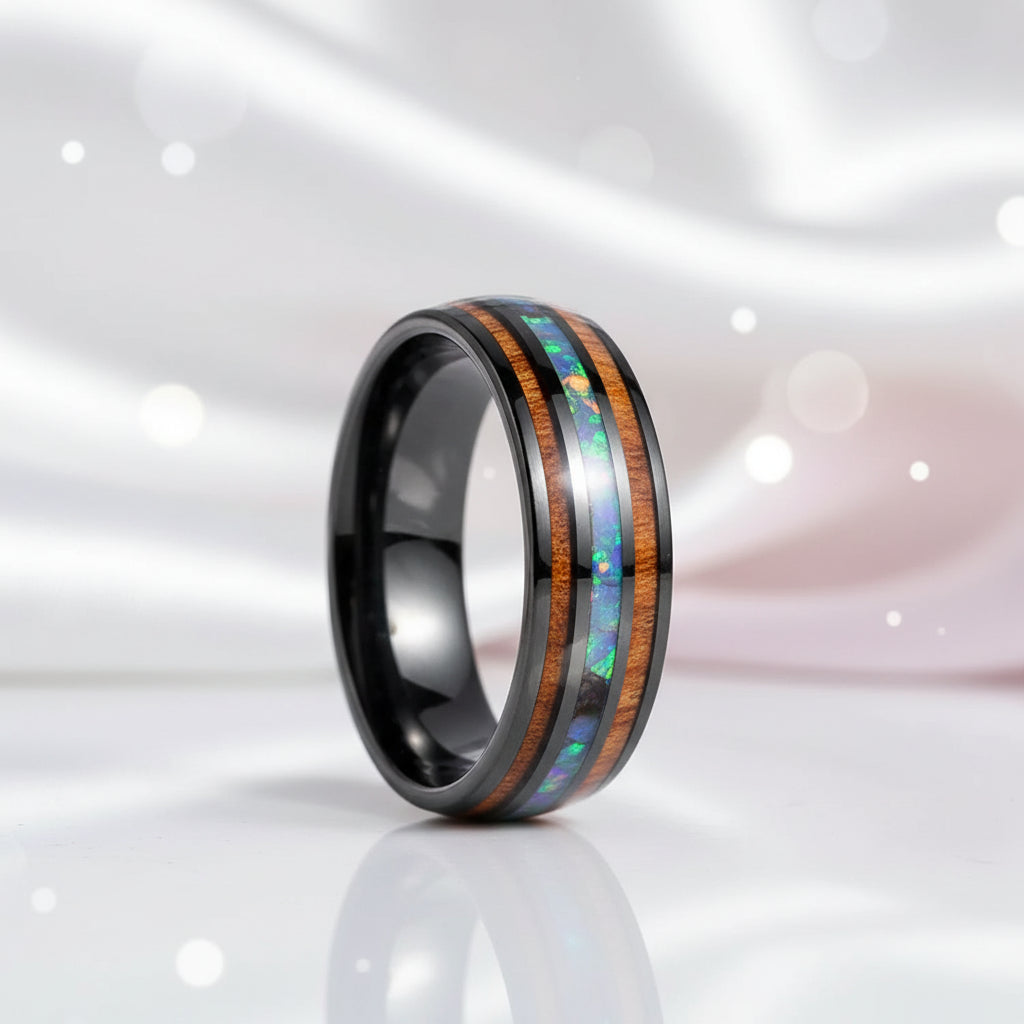 Natural Acacia Wood Opal Black Tungsten Men's Wedding Band-Black Diamonds New York