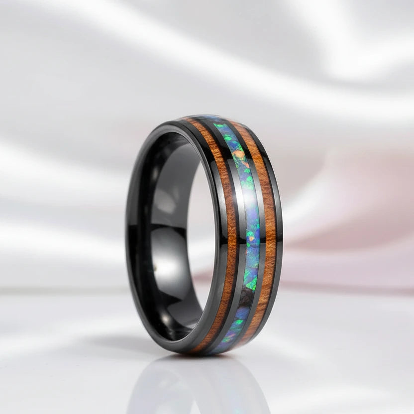 Acacia Wood Opal Black Tungsten Men's Wedding Band-Black Diamonds New York