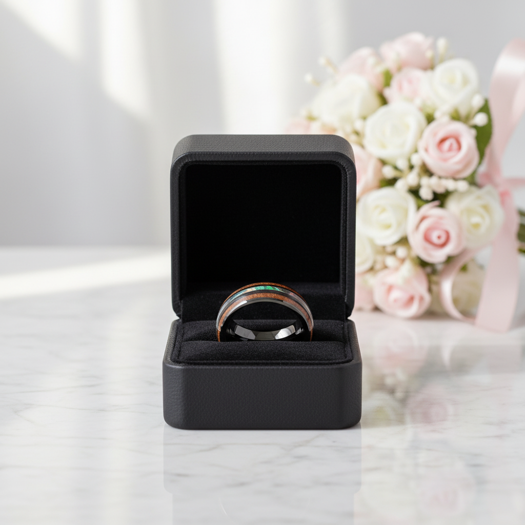 Acacia Wood Opal Black Tungsten Men's Wedding Band-Black Diamonds New York
