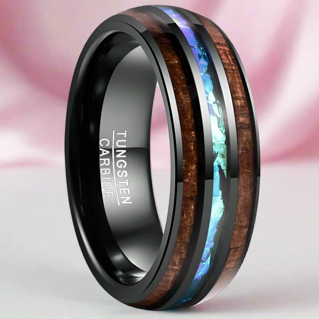 Natural Acacia Wood Opal Black Tungsten Men's Wedding Band-Black Diamonds New York