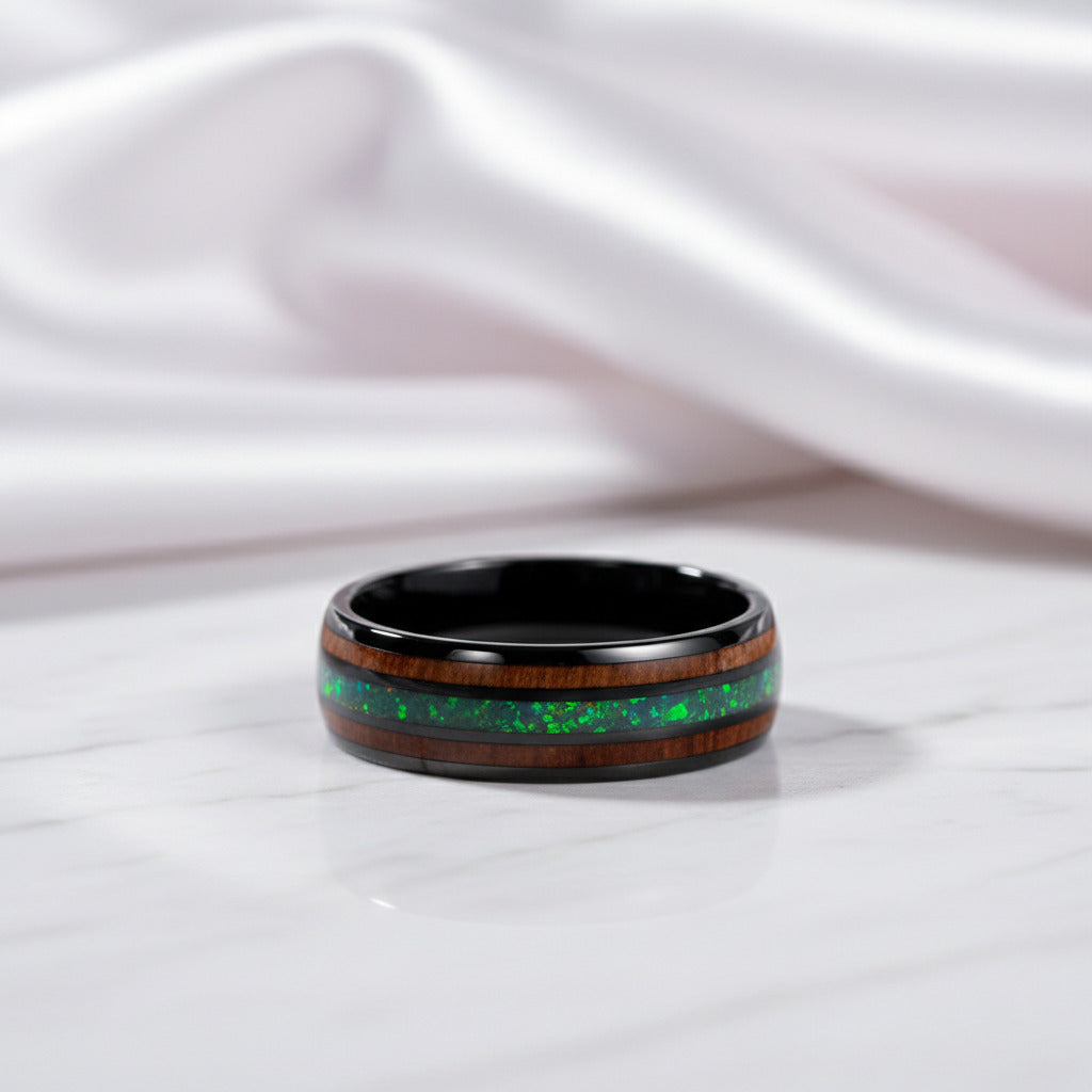 Acacia Wood Opal Black Tungsten Men's Wedding Band-Black Diamonds New York