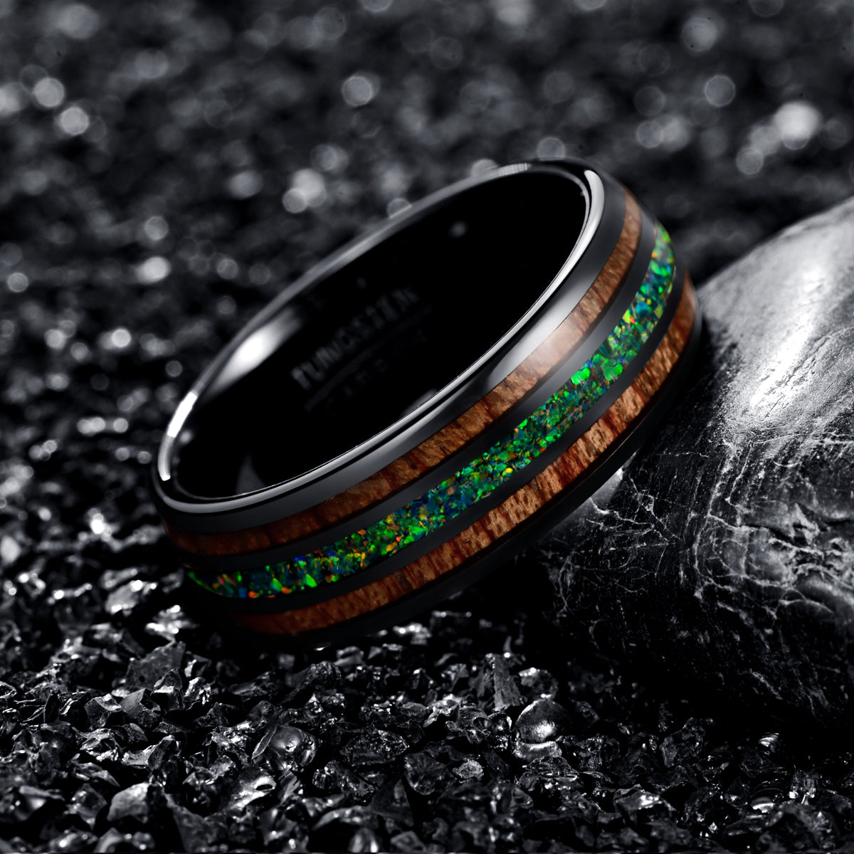Black Tungsten Carbide Wood And Opal Wedding Band Natural Acacia
