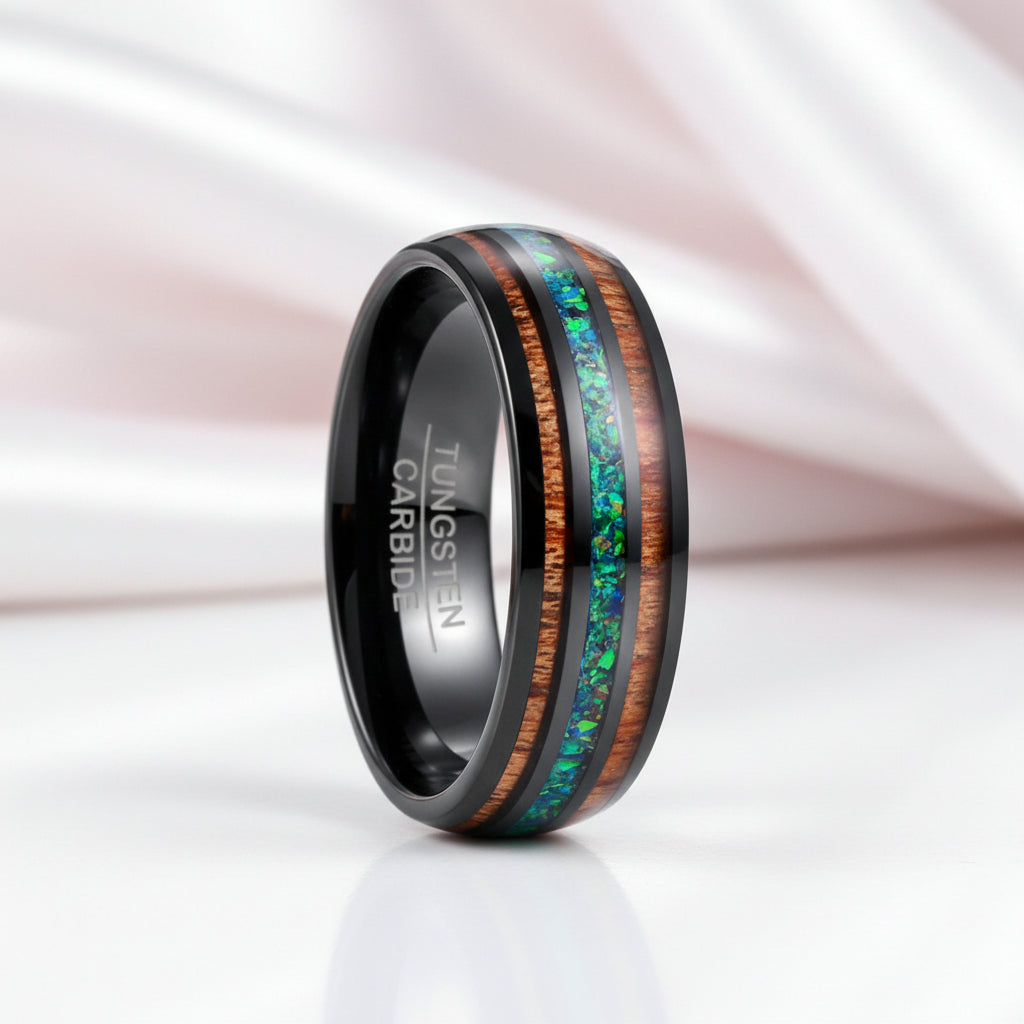 Acacia Wood and Green Opal Tungsten Carbide Ring-Black Diamonds New York