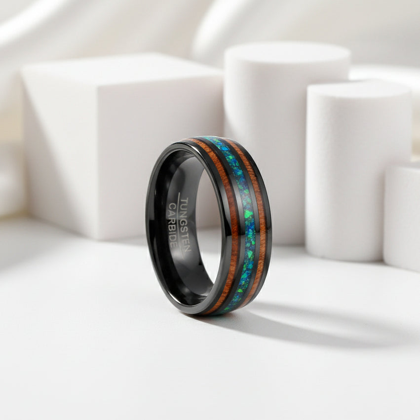 Natural Acacia Wood and Green Opal Tungsten Carbide Ring-Black Diamonds New York