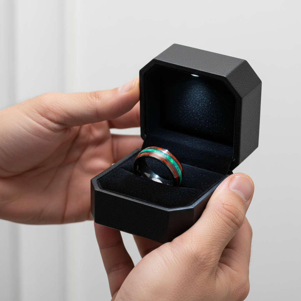 Acacia Wood and Green Opal Tungsten Carbide Ring-Black Diamonds New York