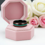 Natural Acacia Wood and Green Opal Tungsten Carbide Ring-Black Diamonds New York