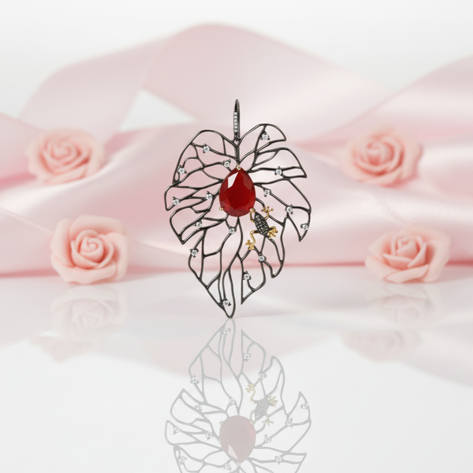 Natural Calcedony/Agate Leaves Branch Pompous Earrings-Black Diamonds New York