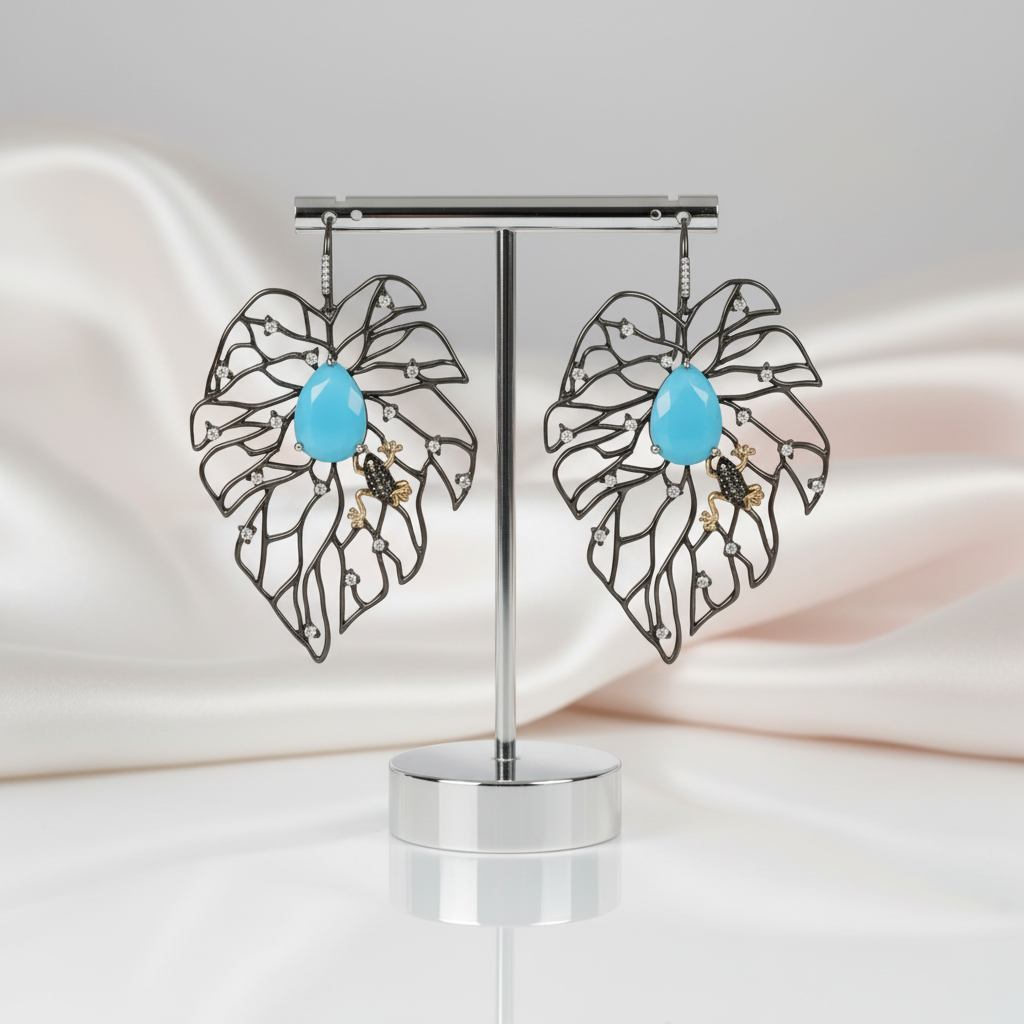 Agate Leaves Branch Pompous Earrings-Black Diamonds New York