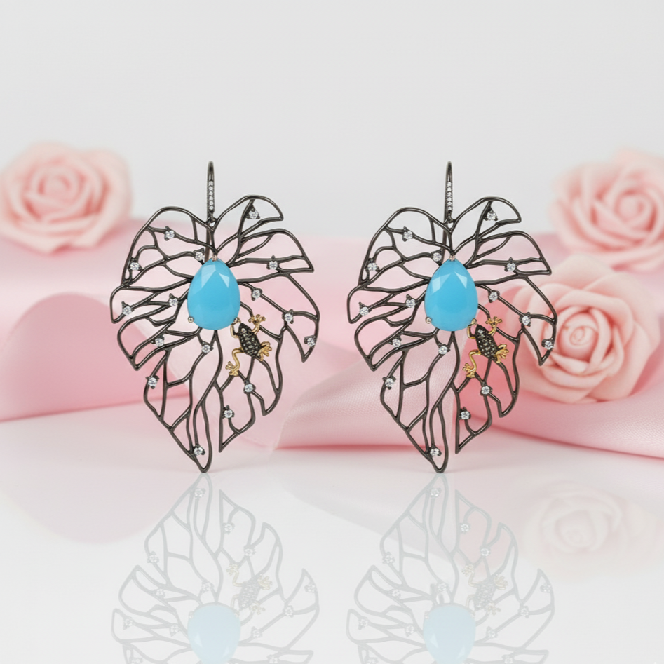 Agate Leaves Branch Pompous Earrings-Black Diamonds New York