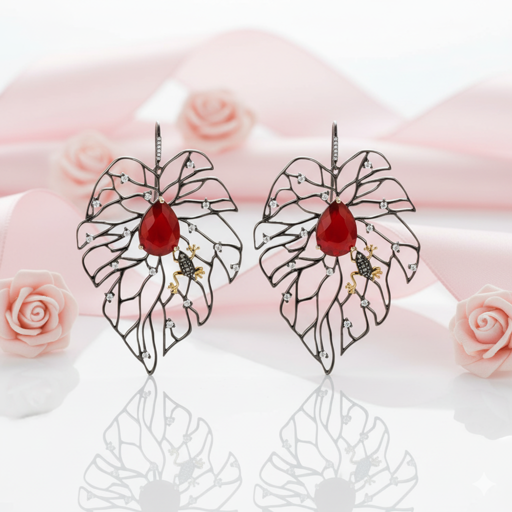 Natural Calcedony/Agate Leaves Branch Pompous Earrings-Black Diamonds New York