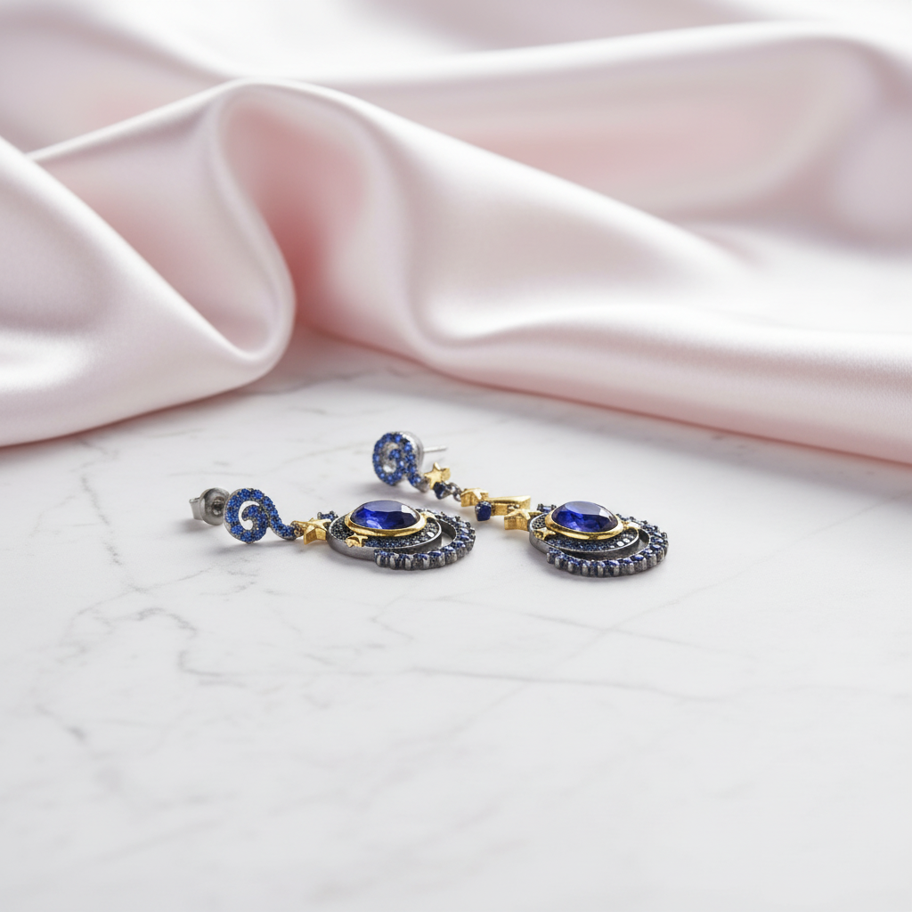 Gemstone Statement Moon and Stars Drop Earrings-Black Diamonds New York