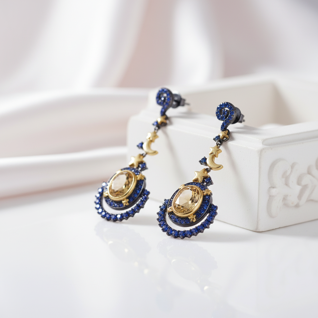 Gemstone Statement Moon and Stars Drop Earrings-Black Diamonds New York