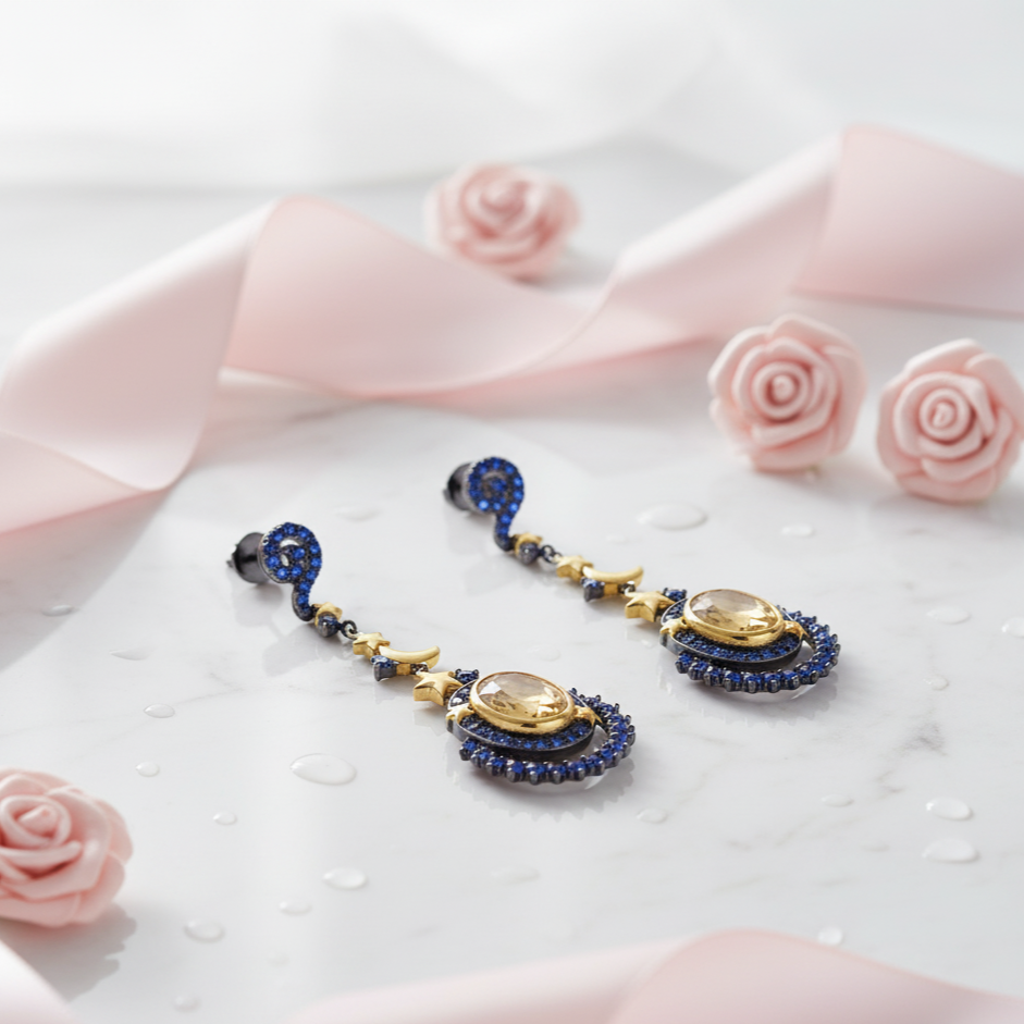 Natural Gemstone Statement Moon and Stars Drop Earrings-Black Diamonds New York