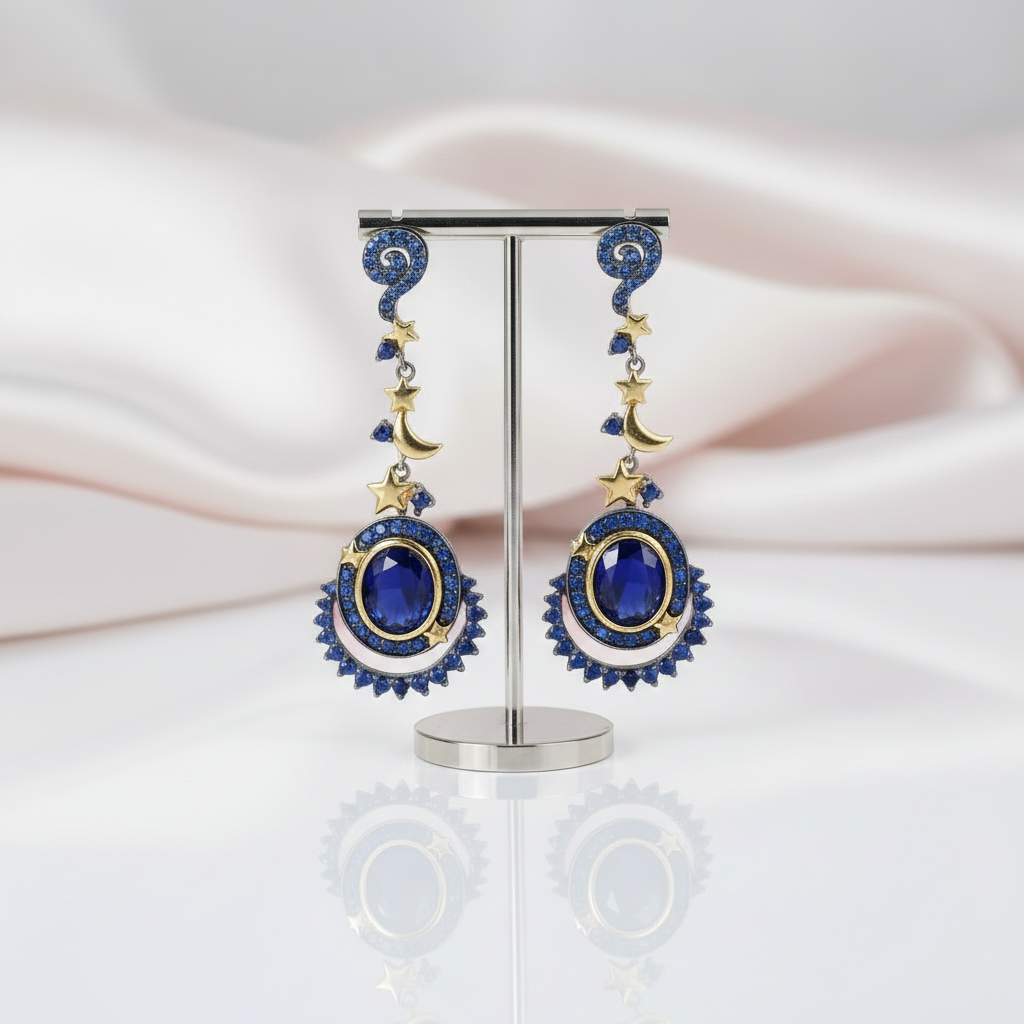 Gemstone Statement Moon and Stars Drop Earrings-Black Diamonds New York