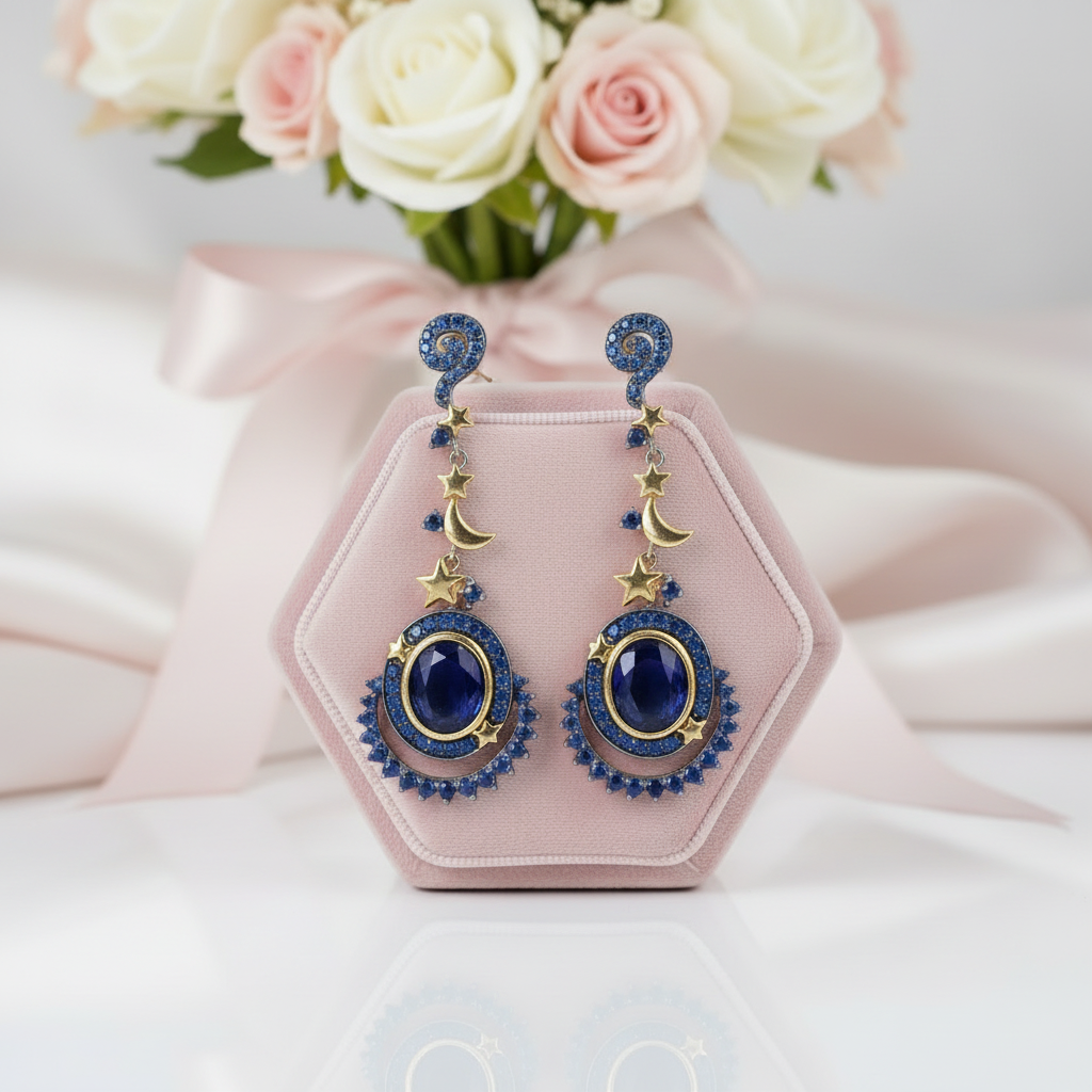 Gemstone Statement Moon and Stars Drop Earrings-Black Diamonds New York