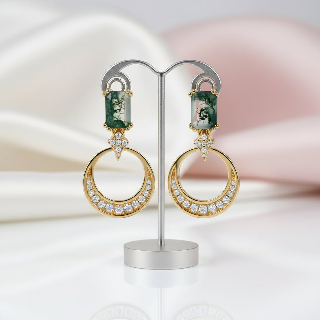 Natural Moss Agate Drop Earrings-Black Diamonds New York