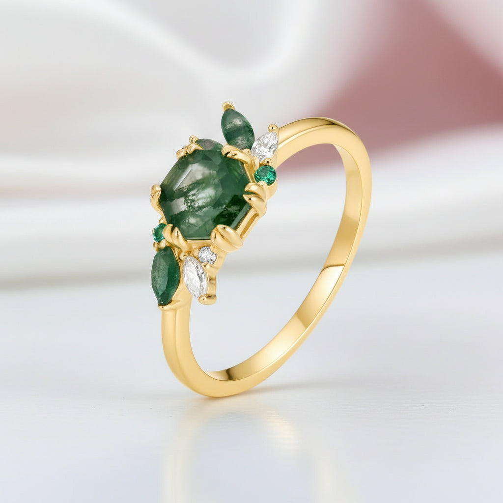 Natural Moss Agate Engagement Ring-Black Diamonds New York