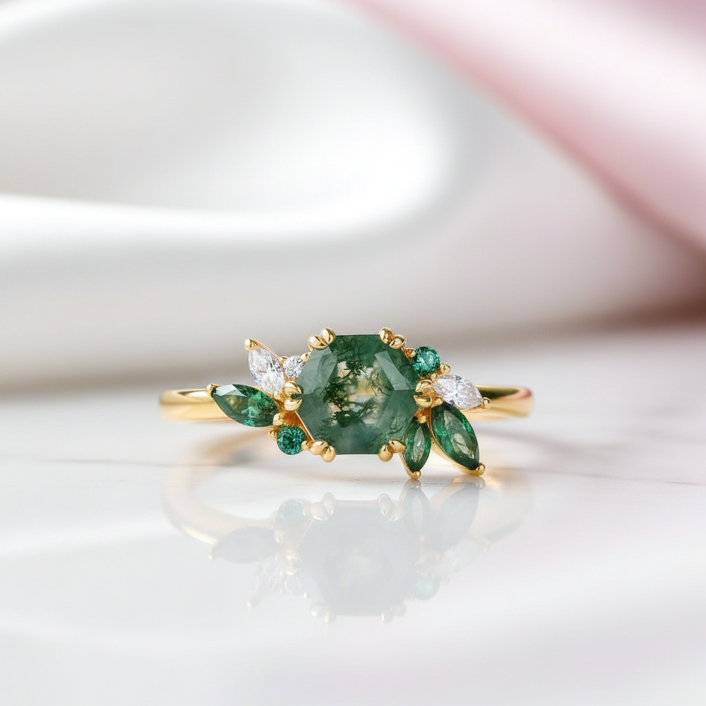 Natural Moss Agate Engagement Ring-Black Diamonds New York