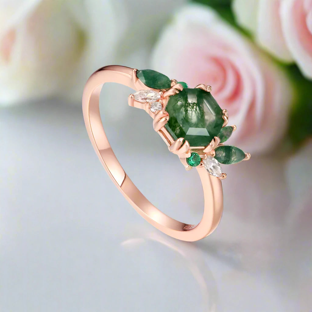 Natural Moss Agate Engagement Ring-Black Diamonds New York