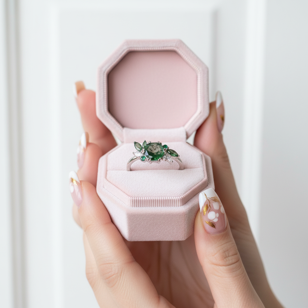 Natural Moss Agate Engagement Ring-Black Diamonds New York