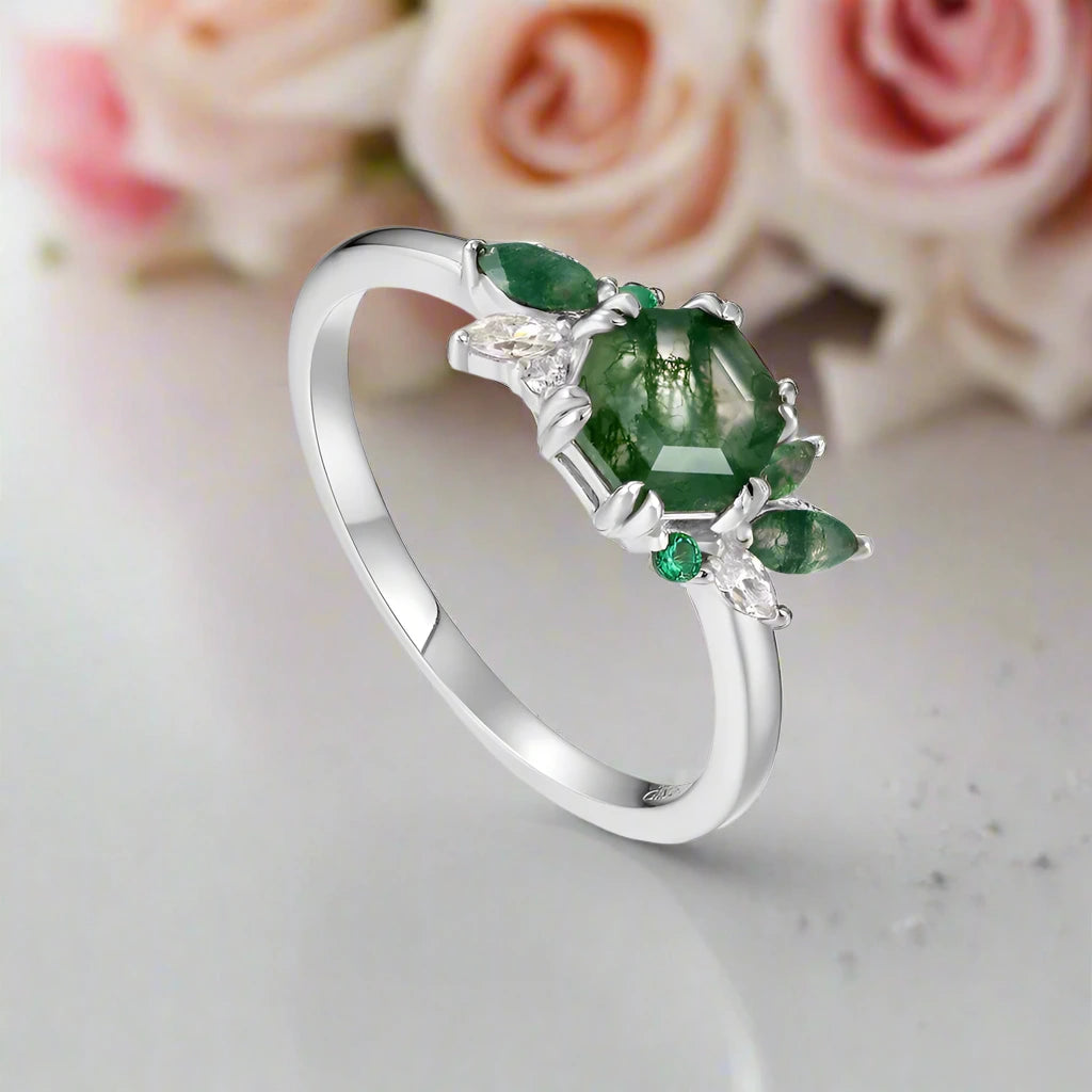 Natural Moss Agate Engagement Ring-Black Diamonds New York