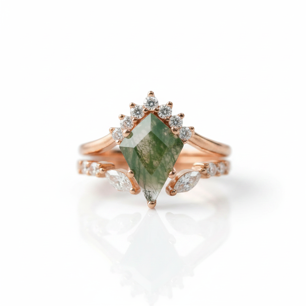 Natural Moss Agate Rhombus Shape Engagement Ring-Black Diamonds New York
