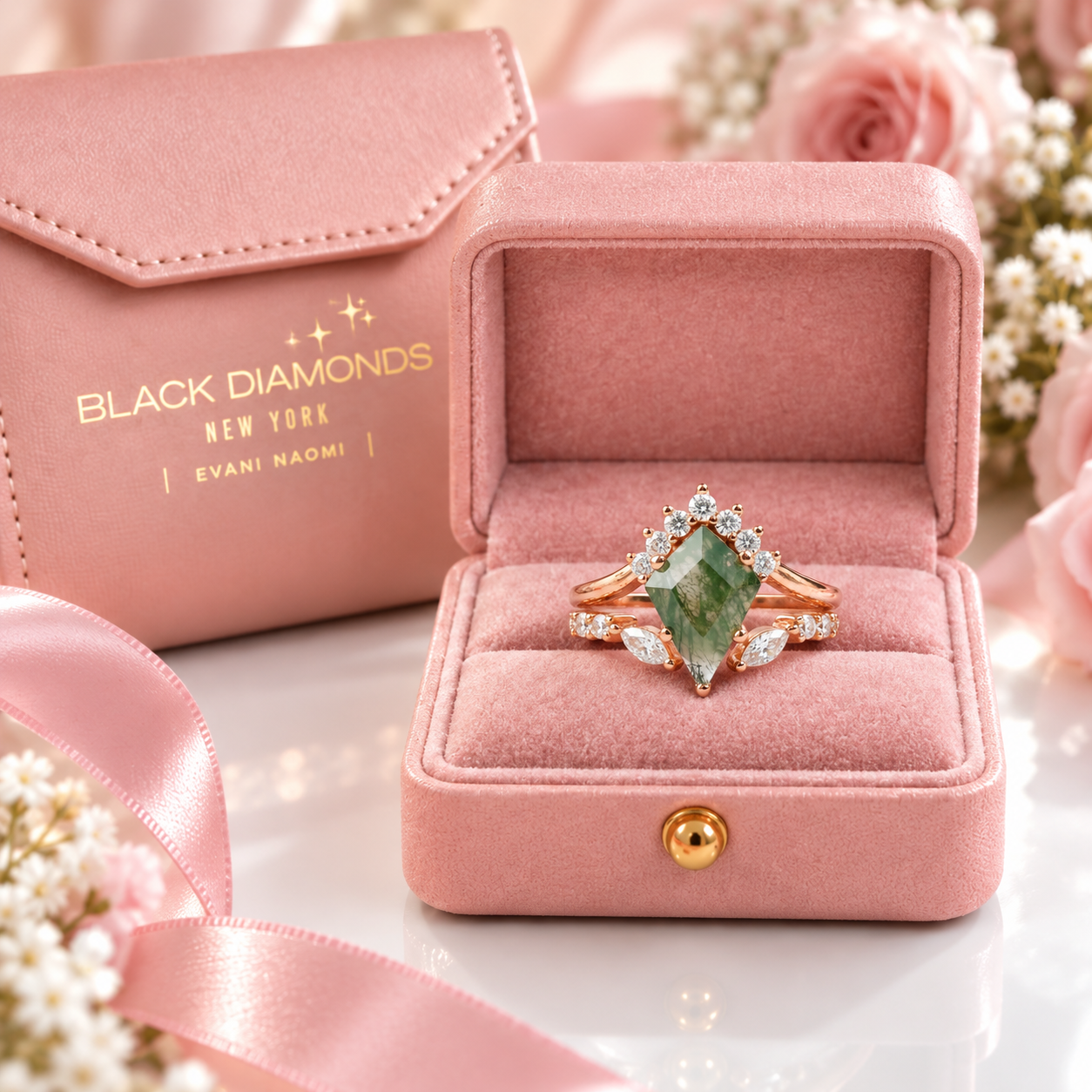 Natural Moss Agate Rhombus Shape Engagement Ring-Black Diamonds New York