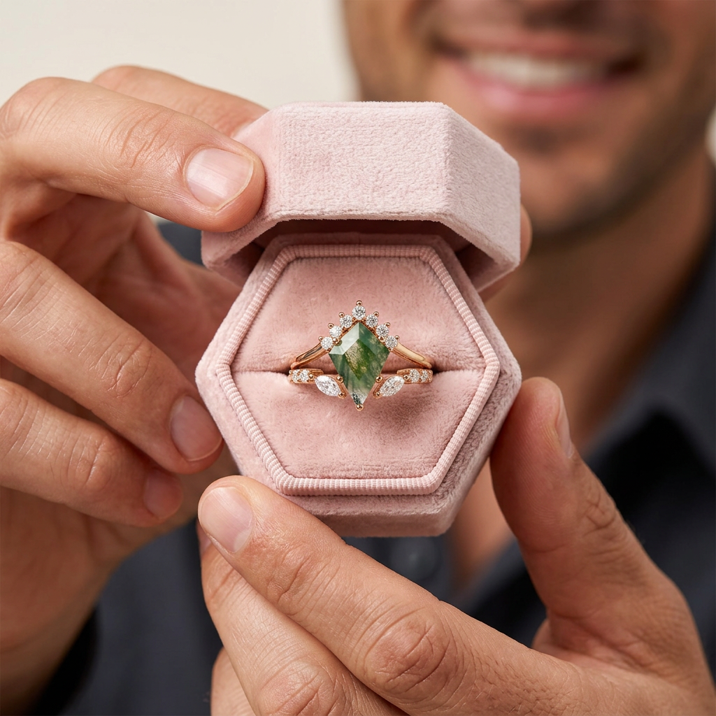Natural Moss Agate Rhombus Shape Engagement Ring-Black Diamonds New York