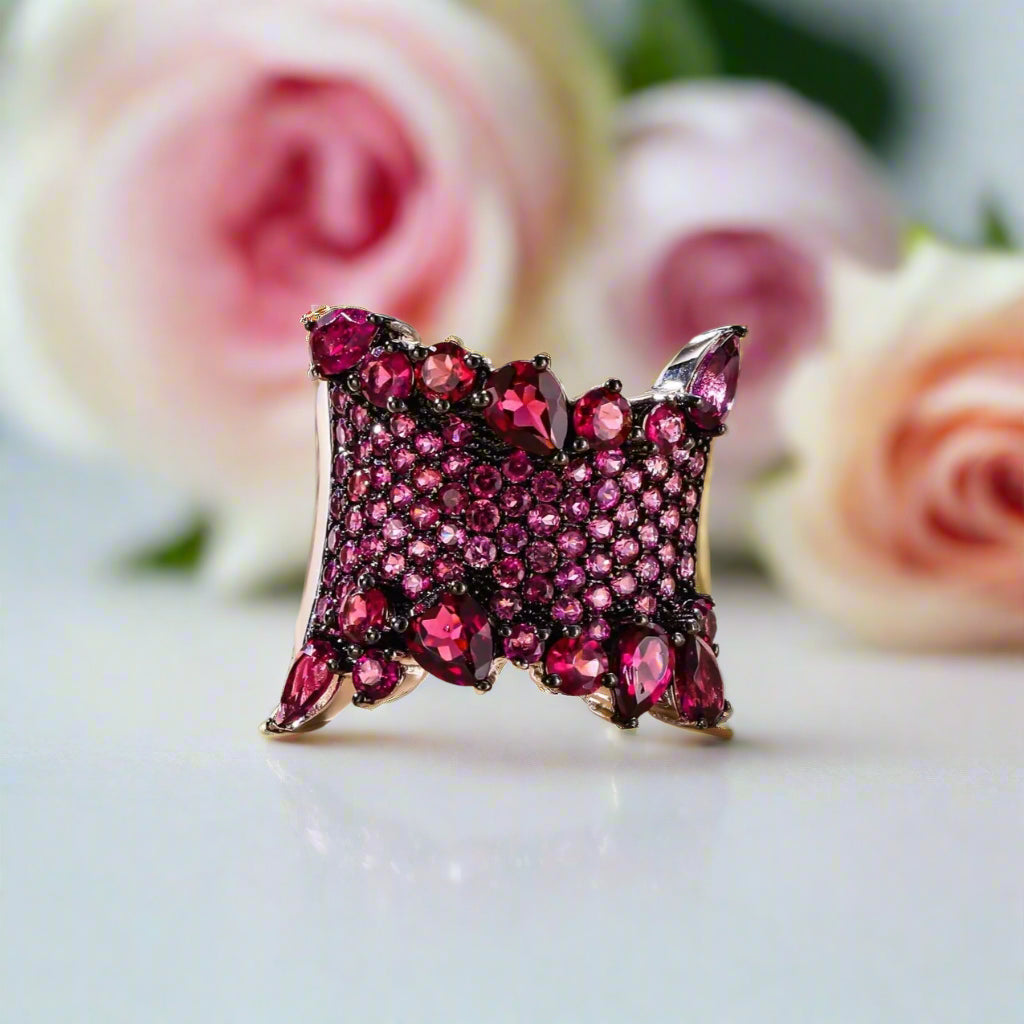 Natural Rhodolite Garnet Bohemian Ring-Black Diamonds New York