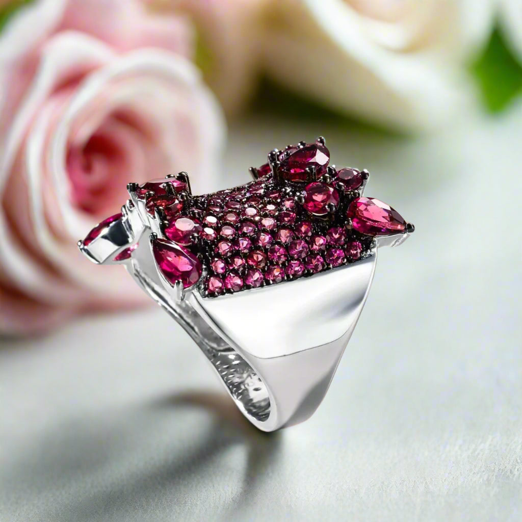 Natural Rhodolite Garnet Bohemian Ring-Black Diamonds New York