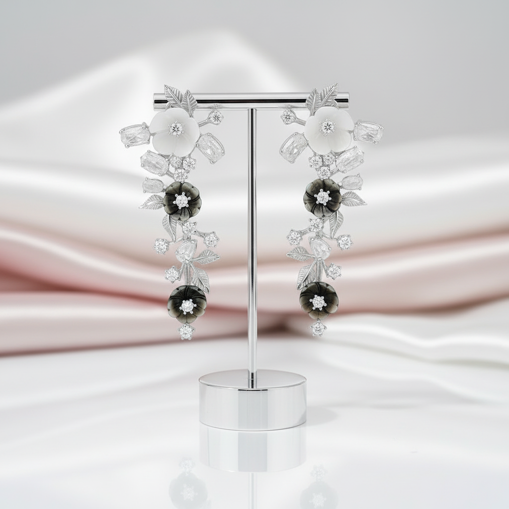 Shell Flower Drop Earrings-Black Diamonds New York
