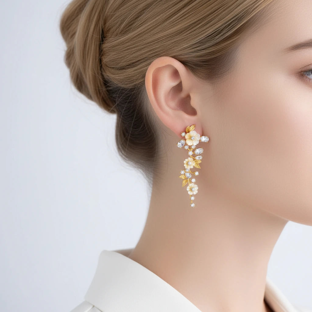 Shell Flower Drop Earrings-Black Diamonds New York