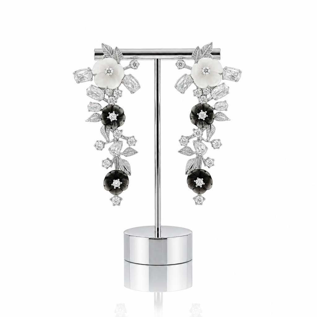 Shell Flower Drop Earrings-Black Diamonds New York