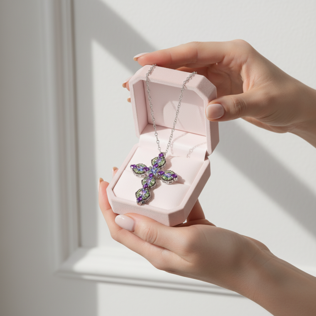 Natural Topaz and Amethyst Gemstone Cross Pendant Necklace-Black Diamonds New York