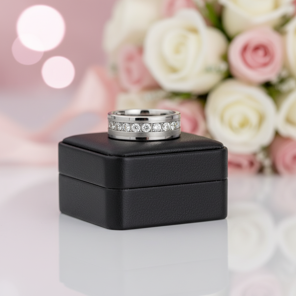 Diamond Option Inlay Beveled Matte Edges Tungsten Men's Wedding Band-Black Diamonds New York