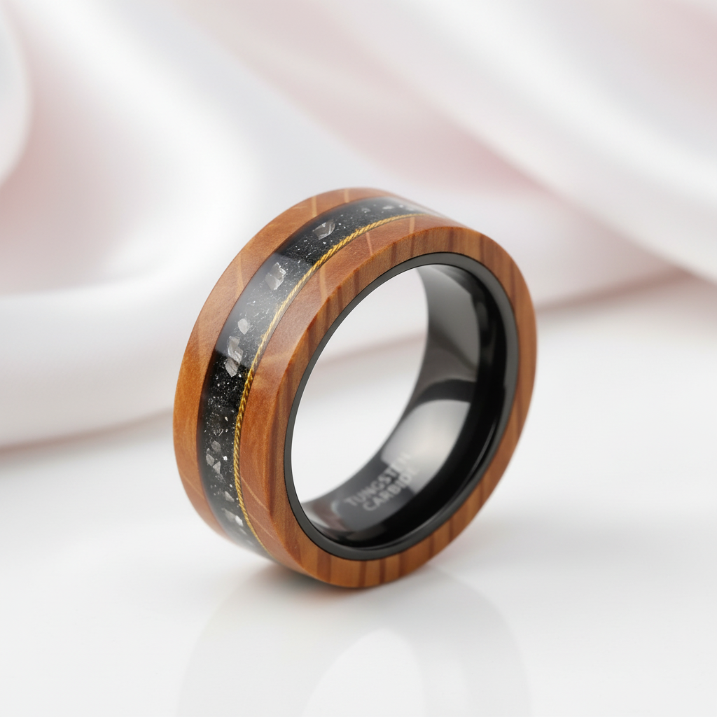 Olive Wood Between Guitar Strings Tungsten Wedding Band-Black Diamonds New York