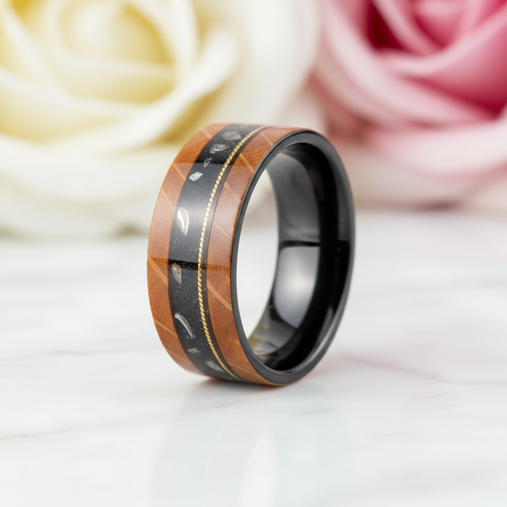 Olive Wood Between Guitar Strings Tungsten Wedding Band-Black Diamonds New York