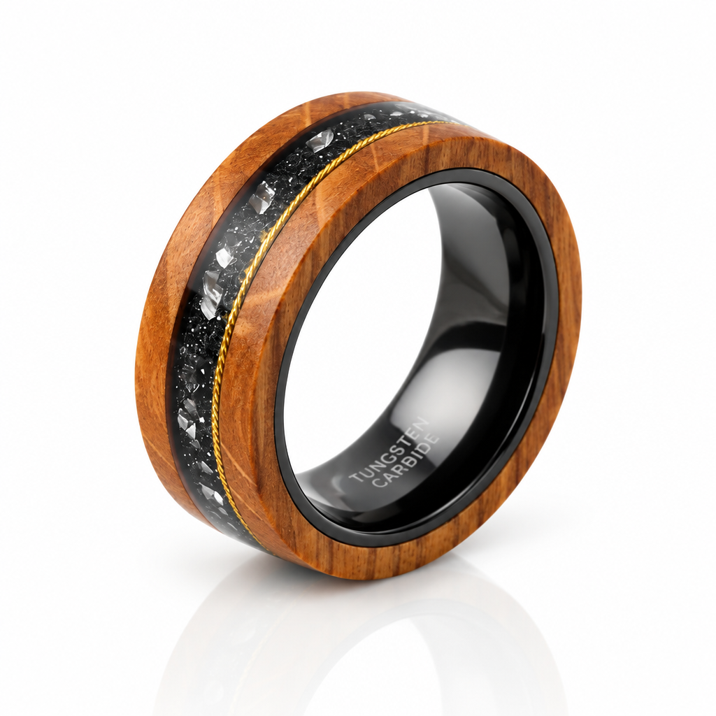 Olive Wood Between Guitar Strings Tungsten Wedding Band-Black Diamonds New York