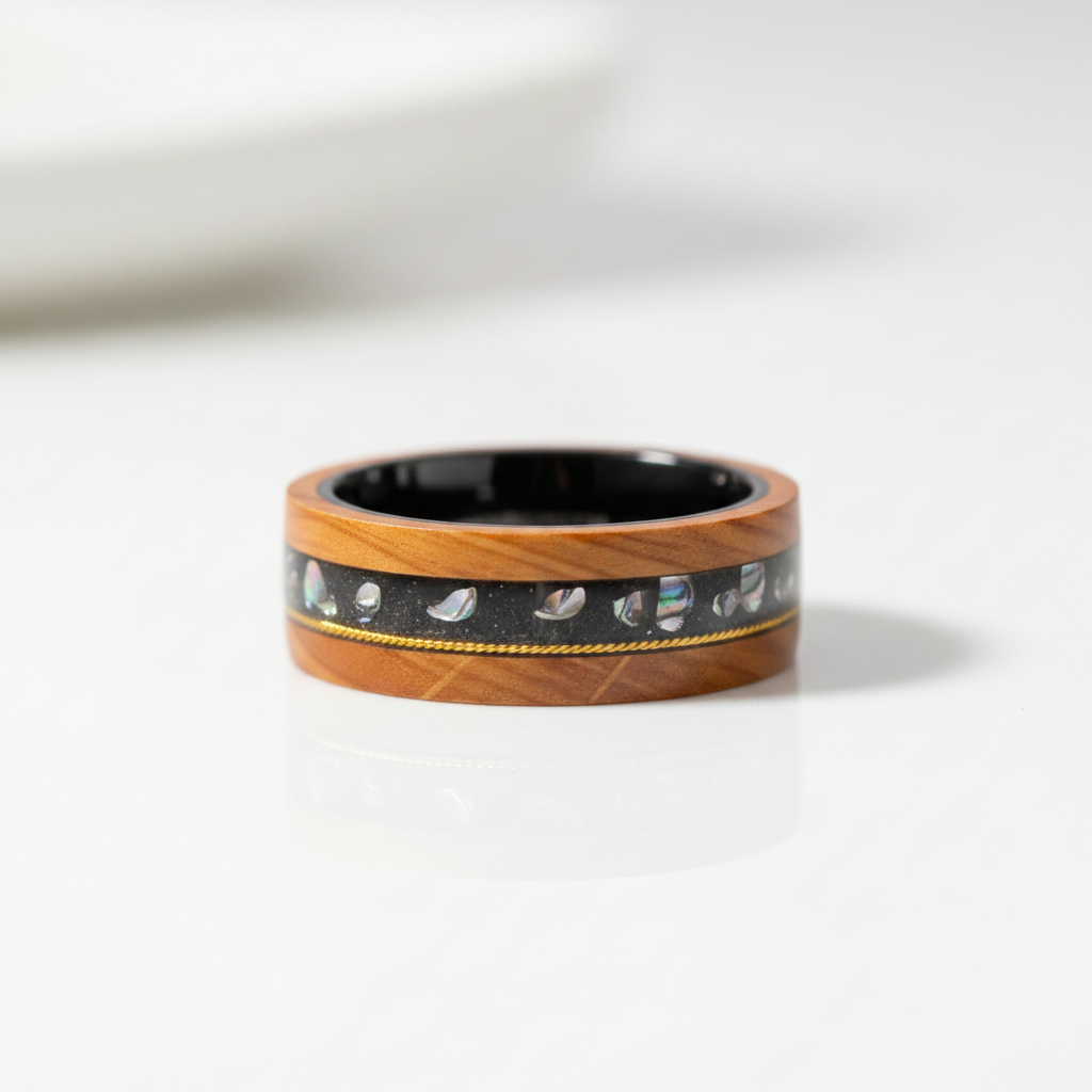 Olive Wood Between Guitar Strings Tungsten Wedding Band-Black Diamonds New York