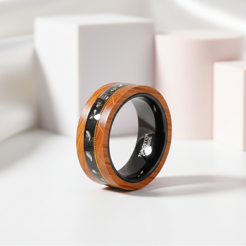 Olive Wood Between Guitar Strings Tungsten Wedding Band-Black Diamonds New York