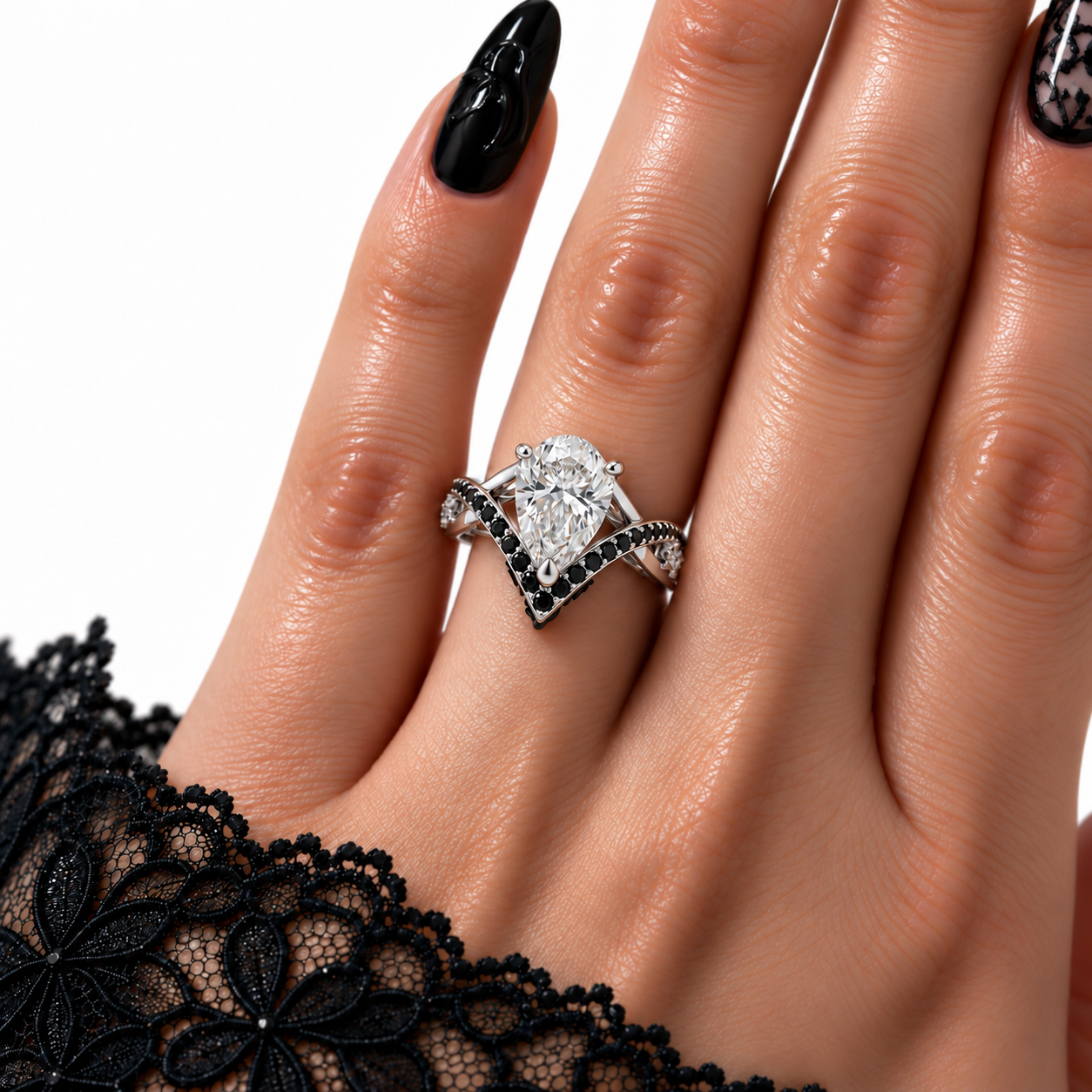 Only You- 1.5 Carat Pear Cut Diamond Option Skull & Roses Wedding Ring-Black Diamonds New York
