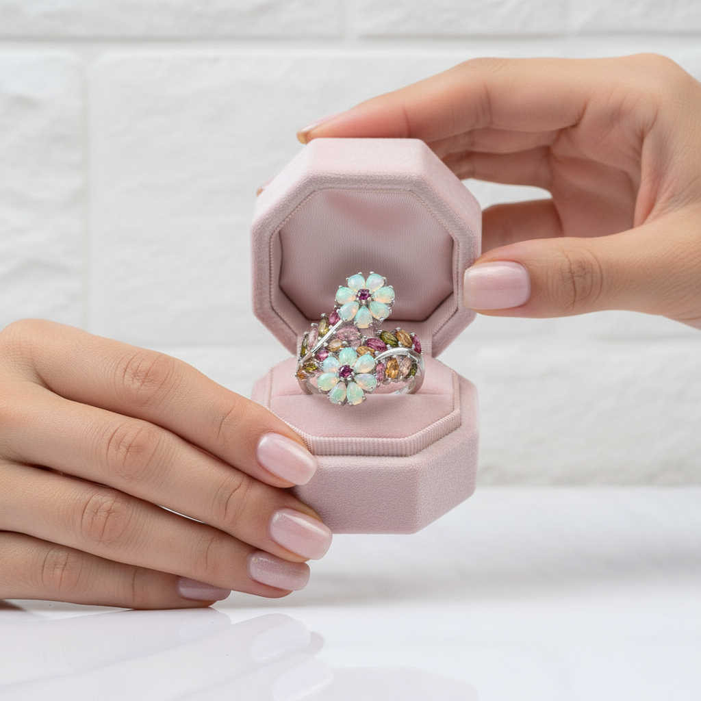 Opal & Tourmaline Gemstone Flower Ring-Black Diamonds New York