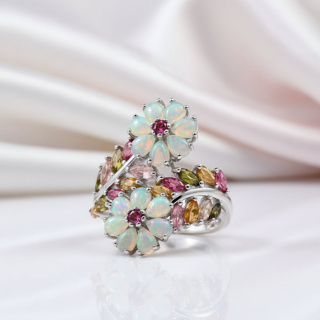 Opal & Tourmaline Gemstone Flower Ring-Black Diamonds New York